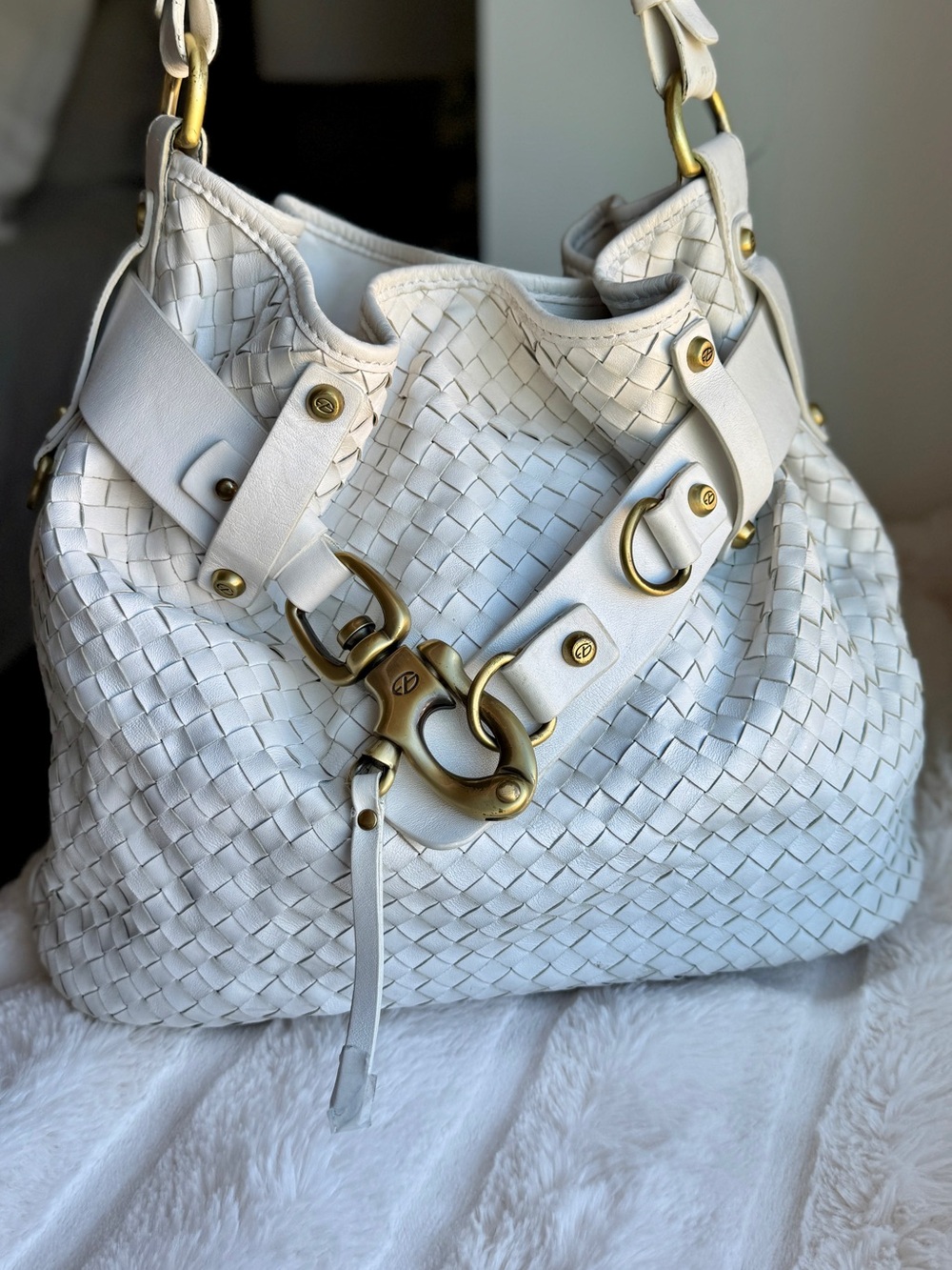 Francesco Biasia White Woven Leather Shoulder Bag Large Hobo Italy